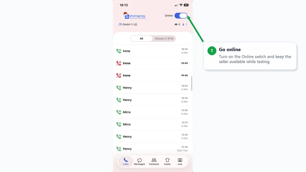 Set the iPhone app status to Online