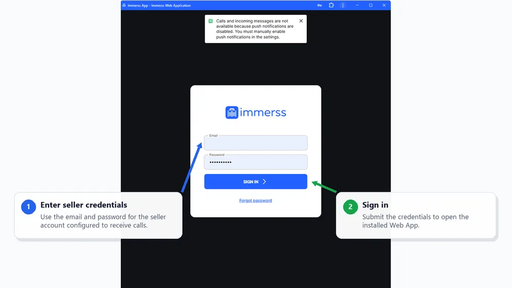 Sign in to the Immerss Web App
