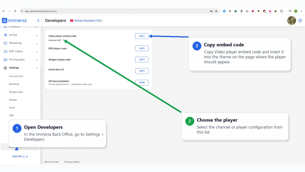 Copy the video player embed code